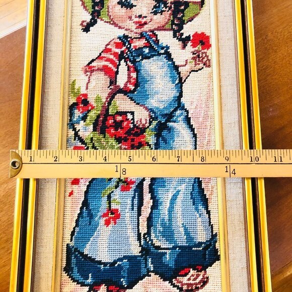 70s Big Eye Prairie Girl Needlepoint Wall Hanging Vintage Cross Stitch Fiber Art - Picture 10 of 12